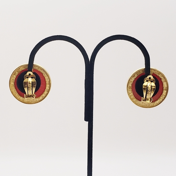 Vintage Red Givenchy Lucite Round Discs Clips Gold Tone - Picture 9 of 10